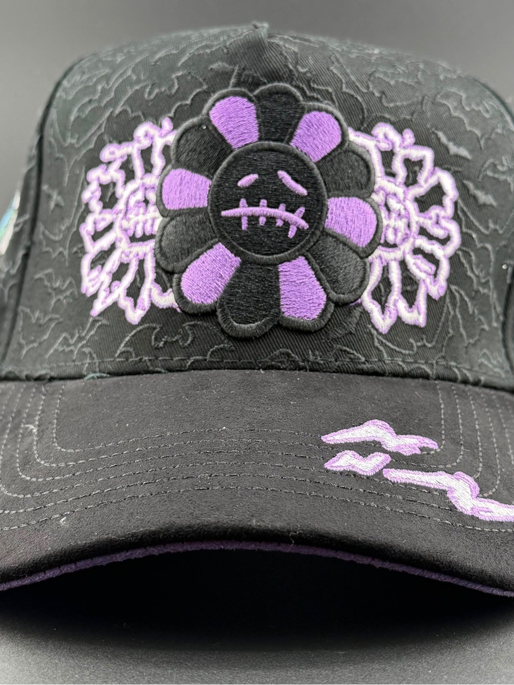 Black & Purple Embroidered Flower Baseball Cap